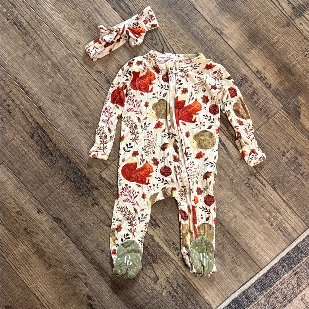 2/$10 Posh Peanut Autumn Squirrel Print Footie with Headband